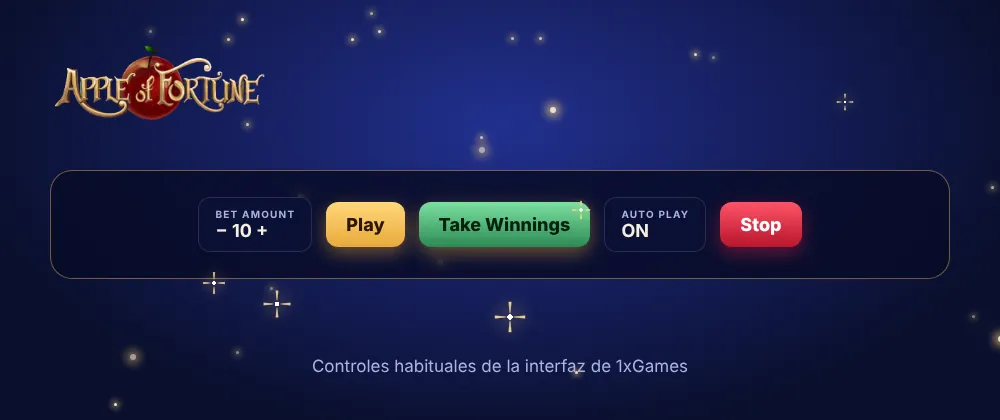 Controles de Apple of Fortune en 1xBet: Bet Amount, Play, Take Winnings, Auto Play y Stop