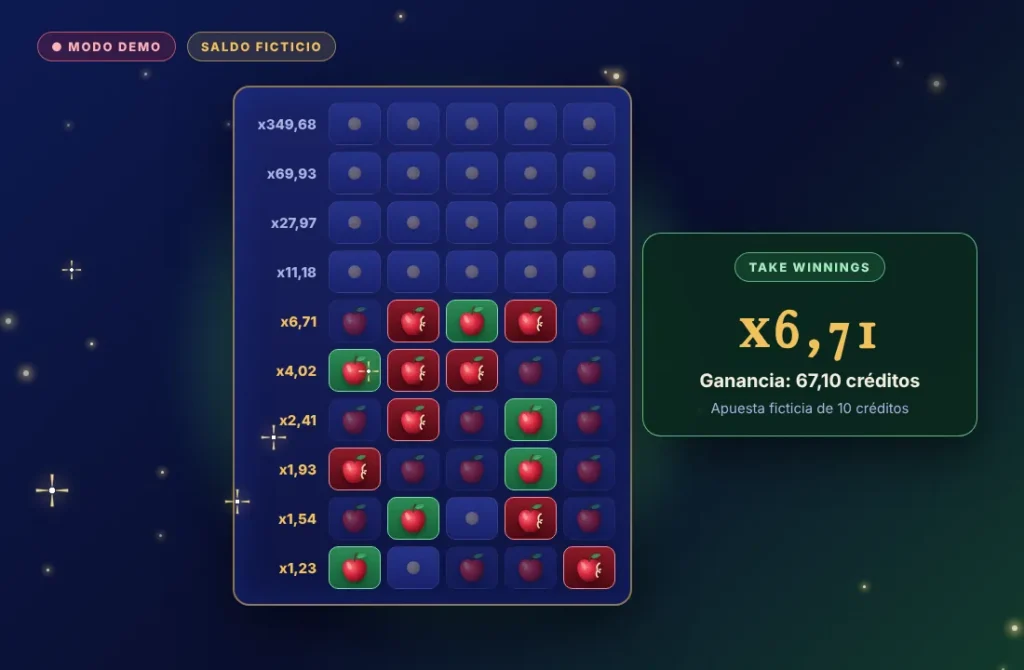 Demo de Apple of Fortune: cobro con Take Winnings en x6,71